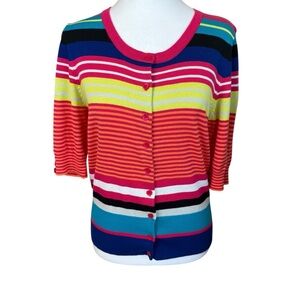 Jillian Nicole Stripe Colorful 3/4 Sleeve Cardigan Sweater LG Rainbow Runs Small